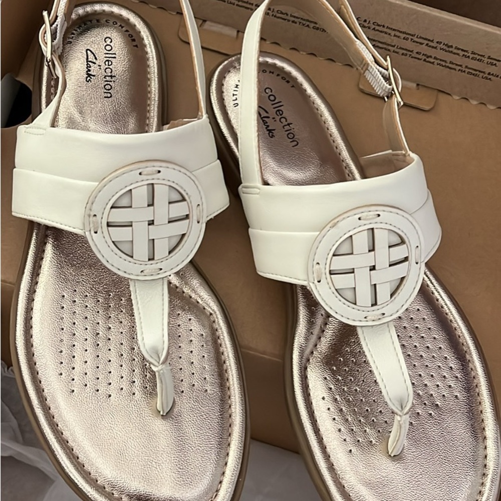 Clarks Women's Cream Sandals with Gold Accents